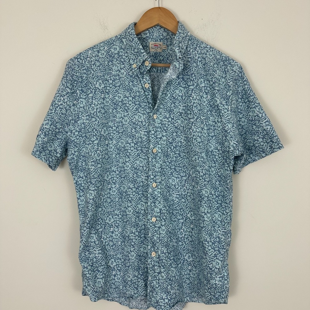 Faherty Brand Breeze Hemp Shirt Teal Waters Hilo Short Sleeve Button Down Mens M - Picture 2 of 12
